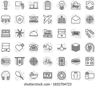 Editable Thin Line Isolated Vector Icon Set - Hotel, Bulb, Plane Vector, Oven, Double Boiler, Sieve, Dish, Blackboard, Dollar Flag, Scales, Bike, Hand Trainer, Target, Circle Diagram, Film Frame, Tv