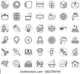 Editable thin line isolated vector icon set - shoes, syringe vector, mortar, lungs, virus, archive, bunker, 3d, passenger, bulb, cooler fan, bath, mixer, cup, conveyor, pan, cauldron, axe, sun, spot