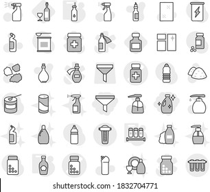 Editable thin line isolated vector icon set - funnel, cleanser, pills bottle vector, vegetable oil, spices, ketchup, wine, window cleaning, liquid soap, sprayer, agent, garbage pile, shampoo, dish
