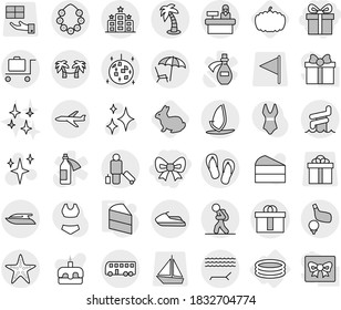 Editable thin line isolated vector icon set - gift, bow, hi quality package, plane, bus, tourist, passenger, lounger, palm, hawaiian wreath, disco ball, aquapark, starfish, baggage trolley, hotel