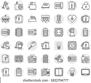 Editable thin line isolated vector icon set - pacemaker vector, bulb, air conditioning, power socket, switch, tv, kettle, vacuum cleaner, chip, battery, microwave oven, iron, toaster, radio, blender