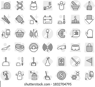 Editable thin line isolated vector icon set - dollar coin, remove from basket, shopping list, donut, mortar vector, sperm, surgical clamp, measuring tape, stadium, palm, wireless, scoop, dna, edit