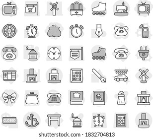 Editable thin line isolated vector icon set - bow, purse, tv, windmill, phone, anchor, photo, wardrobe, dresser, stool, fireplace, plug vector, mobile, hand mill, cooking book, wheel, car wash, pen