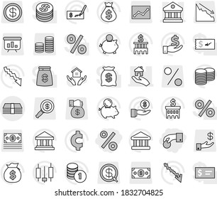Editable thin line isolated vector icon set - hand coin, percent, library, real estate, money, house hold vector, bank, japanese candle, crisis, bag, piggy, investment, stack, check, building, gift