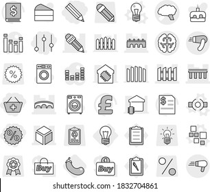 Editable thin line isolated vector icon set - pencil, add to basket, percent, equalizer, brain vector, bridge, 3d, fence, bulb, blocks, connect, eggplant, washer, cake, annual report, pound, medal