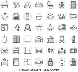 Editable thin line isolated vector icon set - wc, hospital bed vector, hangare, door, arch window, plan, hotel, do not distrub, sink, bath, wardrobe, toilet, paper, water closet, cleaner woman, tap