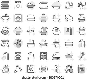 Editable thin line isolated vector icon set - cleanser, sink, bath, washing, bucket, soap vector, scraper, fetlock, sponge, towel, drying clothes, washer, powder, shower, shampoo, tooth brush, dish