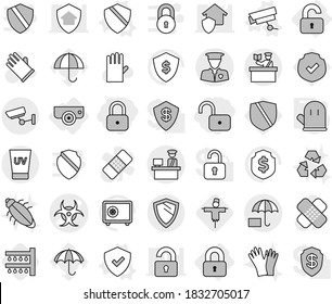 Editable thin line isolated vector icon set - lock, unlock, biohazard vector, customs control, security man, insurance, inspector, uv cream, surveillance, shield, locked, unlocked, camera, watering