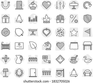 Editable thin line isolated vector icon set - heart, equalizer, bridge, door, hawaiian wreath, disco ball, restaurant, pendant, curtain, dresser, rocking chair, floor lamp, cupcake, goose, horseshoe