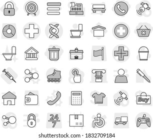 Editable thin line isolated vector icon set - bin, delete cart, phone, medical cross vector, dna, column, locked, share, syringe, bucket, toilet, package, university, pen, calculator, roller Skates