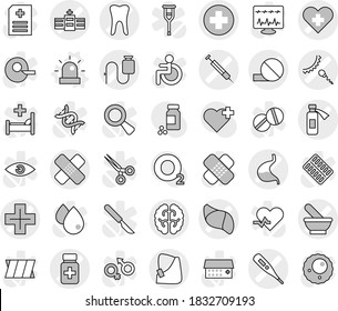 Editable thin line isolated vector icon set - medical cross vector, heart, thermometer, patch, pill, pills bottle, mortar, hospital, potion, broken hand, dropper, sperm, tooth, stomach, brain, liver