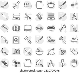 Editable thin line isolated vector icon set - syringe vector, scalpel, measuring tape, repair, construction, drawing compasses, cutting board, pan, skimmer, spatula, ladle, big fork, rolling pin