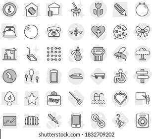 Editable thin line isolated vector icon set - bow, singlepost, info, fence, perishable, plane, restaurant, yacht, antique column, heart pendant, electricity, phone, vector, circuit, kettle, fork