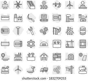 Conjunto de iconos de vector aislados de línea delgada editable - herramientas, uñas, búnker, hangare, ladrillo, fábrica, cinta de medida, grúa de torre, arquitecto, barril, transportador, reparación, vector de engranaje, filtro, prensa, llave