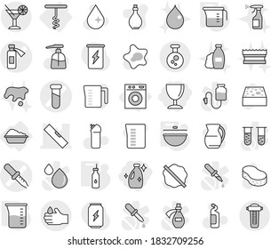 Editable thin line isolated vector icon set - wineglass, cleanser, pipette vector, test vial, potion bottle, level, acid, chemical, cocktail, washing machine, corkscrew, cauldron, vegetable oil, jug