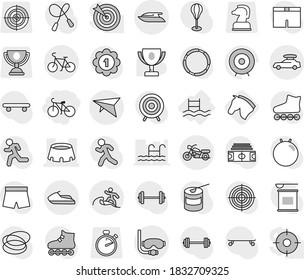 Editable thin line isolated vector icon set - bike, stadium, car baggage, deltaplane, motorcycle, diving mask, surfer, jet ski, yacht, pool, horse, award cup vector, target, barbell, jump rope, hoop