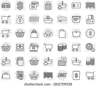 Editable thin line isolated vector icon set - cart, add to basket, remove from, delete, credit card, sale, bar code, atm receipt, money, dollar coin vector, stack, bag, shopping, estate document