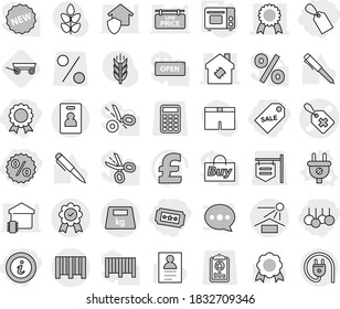Editable thin line isolated vector icon set - label, sale, percent, medal, ticket, info, medical vector, smart house, sun potection, bar code, heavy, identity card, plug, grill oven, trailer, pen