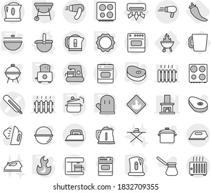Editable thin line isolated vector icon set - medical thermometer vector, air conditioning, cup, bbq, ladle, cauldron, steam pan, kettle, cook glove, toaster, induction oven, fire, hob, steake, iron