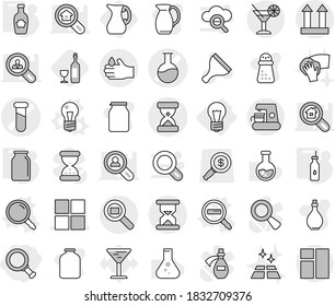 Editable thin line isolated vector icon set - magnifier, sand clock vector, test vial, flask, window, cargo top sign, acid, search, cocktail, bulb, data, vegetable oil, bank, ketchup, jug, wine, jar