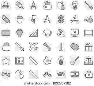 Editable thin line isolated vector icon set - bone, project, mansion, fence, ruler, bulb, toaster, welcome mat, vector, plane, drawing pen, robot hand, skimmer, potato, cow, berry, shovel, harvest