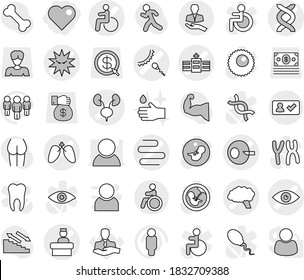 Editable thin line isolated vector icon set - heart, disability vector, eye, dna, artificial insemination, hospital, sperm, kidneys, lungs, intestines, brain, virus, recieption, client, check in
