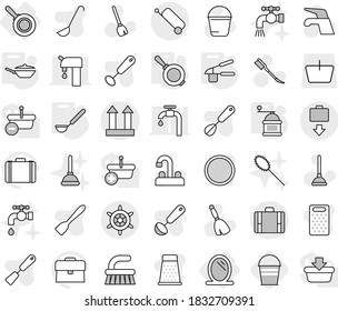 Editable thin line isolated vector icon set - cargo top sign, suitcase, baggage get, handwheel, mirror, pan, garlic clasp, ladle, hand mill, bucket, plunger vector, broom, water tap, fetlock, car