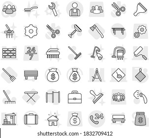Editable thin line isolated vector icon set - under construction, draw compass, brick wall, repair, phone 24, workman, iron board, wrench vector, rag, fork, axe, scraper, rake, steaming, brush, case