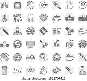 Editable thin line isolated vector icon set - hospital vector, school building, disabled, heart pulse, doctor, thermometer, vial, eye, gender sign, magnifier, pregnancy, insemination, scissors, hat