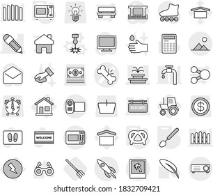 Editable thin line isolated vector icon set - broken bone vector, pencil, fountain, rocket, photo, landscape, home, electricity, laser, big spoon, microwave oven, pretzel, fork, tractor, welcome mat