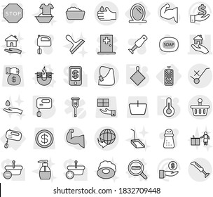 Conjunto de iconos de vector aislado de línea delgada editable - vector de mano rota, inmueble, entrega, no señal de carro, ácido, canasta, control remoto, espejo, mezclador, imán eléctrico, búsqueda de datos, trapo, jabón