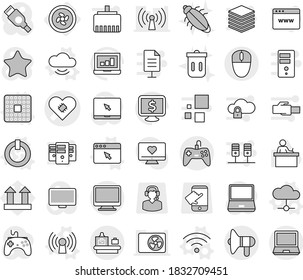 Editable thin line isolated vector icon set - pacemaker vector, baggage checking, loudspeaker, cooler fan, cpu, on off button, antenna, cloud, service, wireless, browser window, trash bin, bug, hdmi