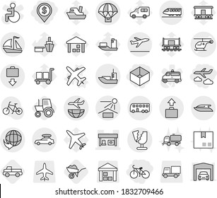 Editable thin line isolated vector icon set - dollar pin, box, journey, bike, ambulance helicopter vector, gas station, delivery, sea shipping, sun potection, parachute, plane, broken, train, bus