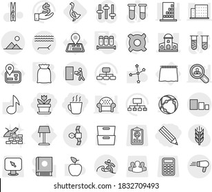 Editable thin line isolated vector icon set - pencil, flower, hot drink, mansion, satellite, courier delivery, sorting, lounger, surfer, landscape, curtain, floor lamp, spices, flour, goose, music