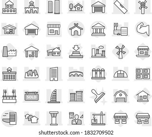 Editable thin line isolated vector icon set - project, cottage, skyscrapers, skyscraper, mall, airport tower, houses, garage, house with, panel, barn, university, district, windmill, fort, city