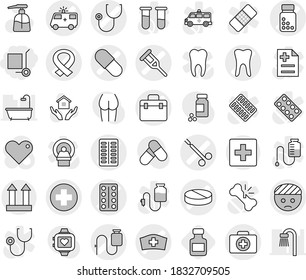 Editable thin line isolated vector icon set - cargo stoller, doctor bag vector, medical cross, bandaged head, crutch, case, stethoscope, pill, pills bottle, blister, ambulance car, dropper, harness