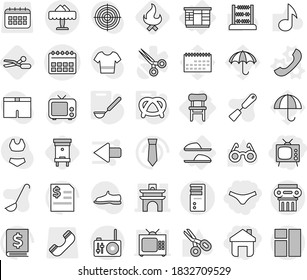 Editable thin line isolated vector icon set - home, underpants, tv, calendar vector, arch, restaurant, antique column, wardrobe, chair, slippers, phone, ladle, pretzel, scissors, fire, hive, spatula