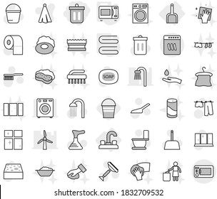 Editable thin line isolated vector icon set - bin, water tap, scoop, towel, microwave oven, bucket, soap vector, plunger, scraper, fetlock, sponge, trash, toilet, drying clothes, shining window