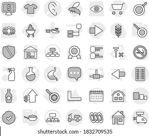 Editable thin line isolated vector icon set - cart, right arrow, t shirt, pills blister vector, flask, ear, stomach, house, sms, scooter shipping, sorting, pan, bbq, no signal, ketchup, wasp, plates