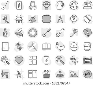 Editable thin line isolated vector icon set - medical cross vector, heart, sperm, draw compass, gothic architecture, cargo search, cpu, shield, egg timer, whisk, ketchup, sheep, field, chicken, jug