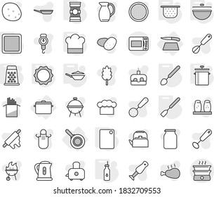 Editable thin line isolated vector icon set - cutting board, pan, cauldron, vegetable oil, colander, cook hat, spatula, big spoon, induction oven, grater, pasta, vector, kettle, scales, apron, whisk
