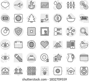 Editable thin line isolated vector icon set - calculator, eye vector, virus, houses, house, protected, plane, service bell, flower in window, ring button, cpu, orbit, setup, fire, mortar, jug, bulb