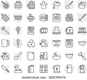 Editable thin line isolated vector icon set - table, mixer, coffee maker, kettle, pan, plate washing, steam, colander, handle scales, cook glove, skimmer, big fork, meat hammer, cutting board, oven