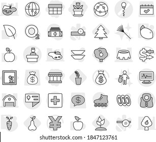Editable thin line isolated vector icon set - market, flower, monitor pulse vector, sperm, hospital recieption, barn, stadium, location details, first aid, life vest, in window, carrot, lemon, pear