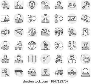 Editable thin line isolated vector icon set - dollar pin, male sign vector, hospital, client, do not trolley, deltaplane, tourist, check in, vr helmet, garbage bin, home call cleaning, cleaner, man