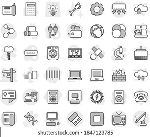 Editable thin line isolated vector icon set - bar code, calculator, tower crane, location details, train, atm, coffee maker, atom core vector, pipes, computer, solar power, washer, blower, molecule