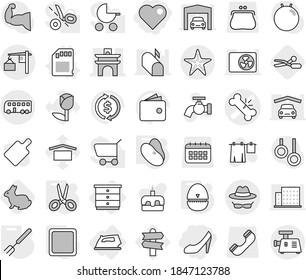 Editable thin line isolated vector icon set - heart, shoes, broken bone vector, arch, loading, confidential, bus, starfish, chest of drawers, iron, sd card, cutting board, egg timer, big fork, beans