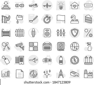 Editable thin line isolated vector icon set - label, stopwatch, houses, warehouse, window, calendar, cargo top sign, plane, shield, surveillance camera, press vector, oil pump, setup, projector, man