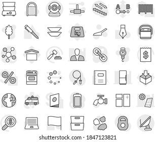Editable thin line isolated vector icon set - scoop vector, water tap, window cleaning, washboard, garbage pile, scales, oven, double boiler, plates, cereal, copybook, pen, notebook pc, world, flag