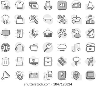 Editable thin line isolated vector icon set - Chair for babies, scraper vector, trash bin, cleaner woman, pan, grater, bell, music, world, cash, annual report, t shirt, skateboard, molecule, dna
